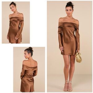 Lulus Luxurious Vision Dress Brown Satin Mini Off the Shoulder Size L NWT